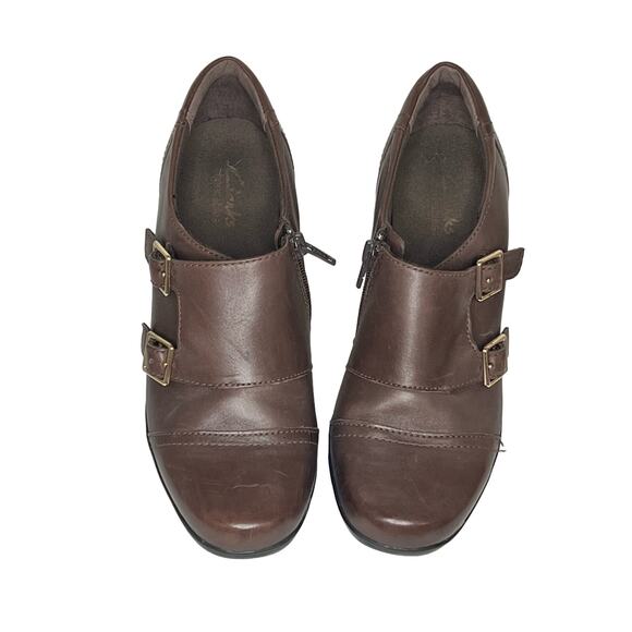 Clarks Women's Brown Booties Size 7.5M Bendable Leather Double Monk Strap Heels - Picture 2 of 11